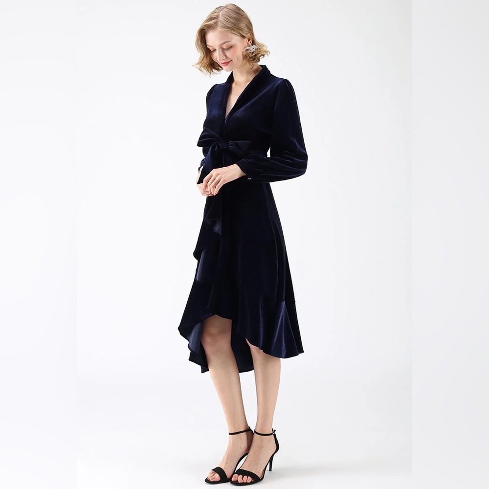 MIDNIGHT BLUE ASYMMETRIC WRAP VELVET DRESS, BELL SLEEVES, RUFFLE HEM Size Small